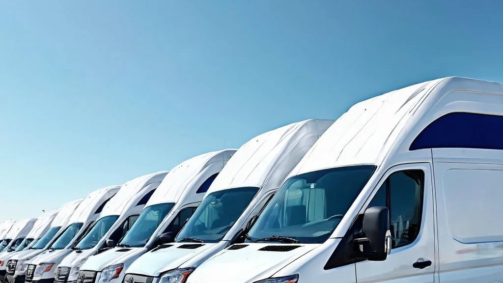 A row of clean white commercial vans lined up at a FleetCare depot