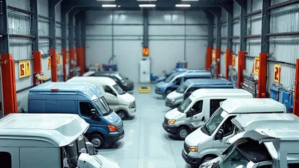 FleetCare commercial vehicle workshop with technicians servicing vans